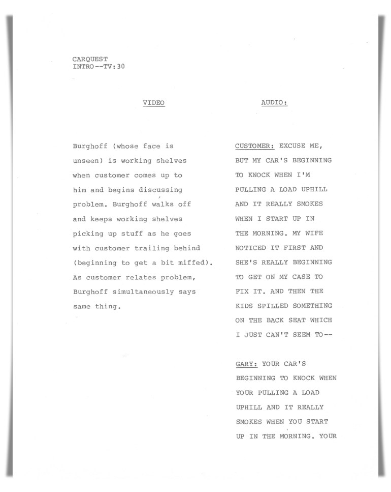 Carquest Auto Parts—Television (unproduced script)