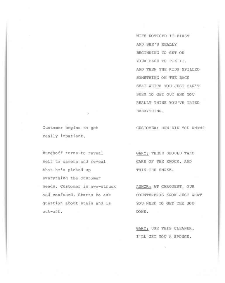 Carquest Auto Parts—Television (unproduced script)