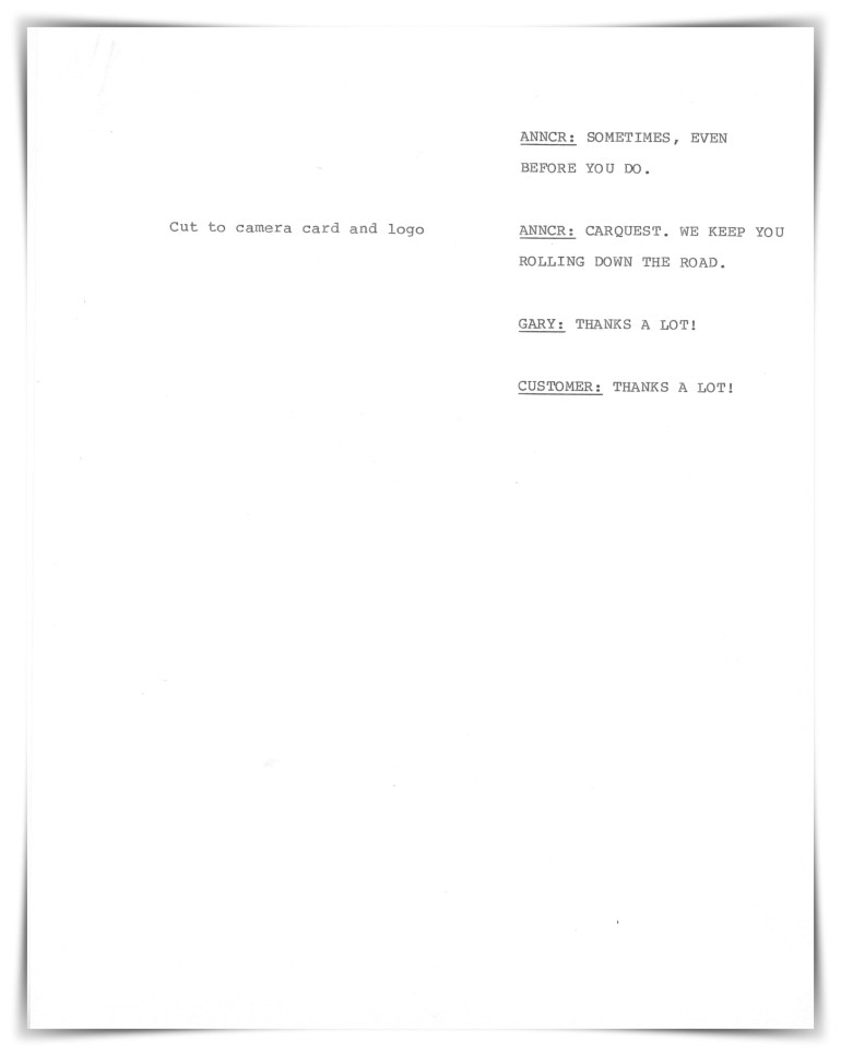 Carquest Auto Parts—Television (unproduced script)