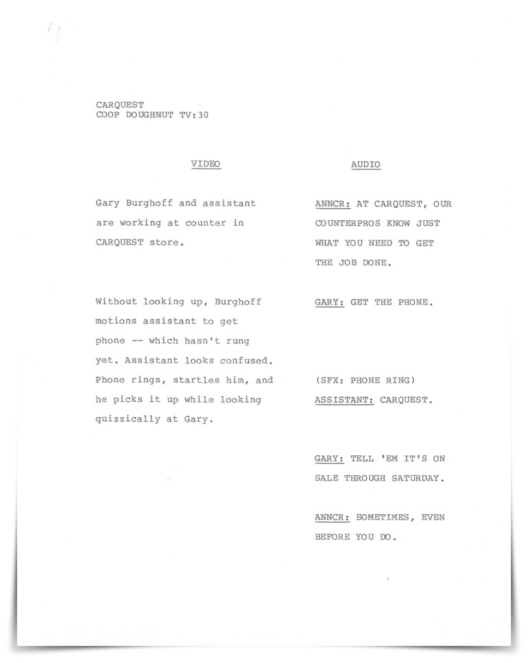 Carquest Auto Parts—Television (unproduced script)