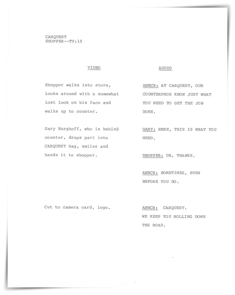 Carquest Auto Parts—Television (unproduced script))