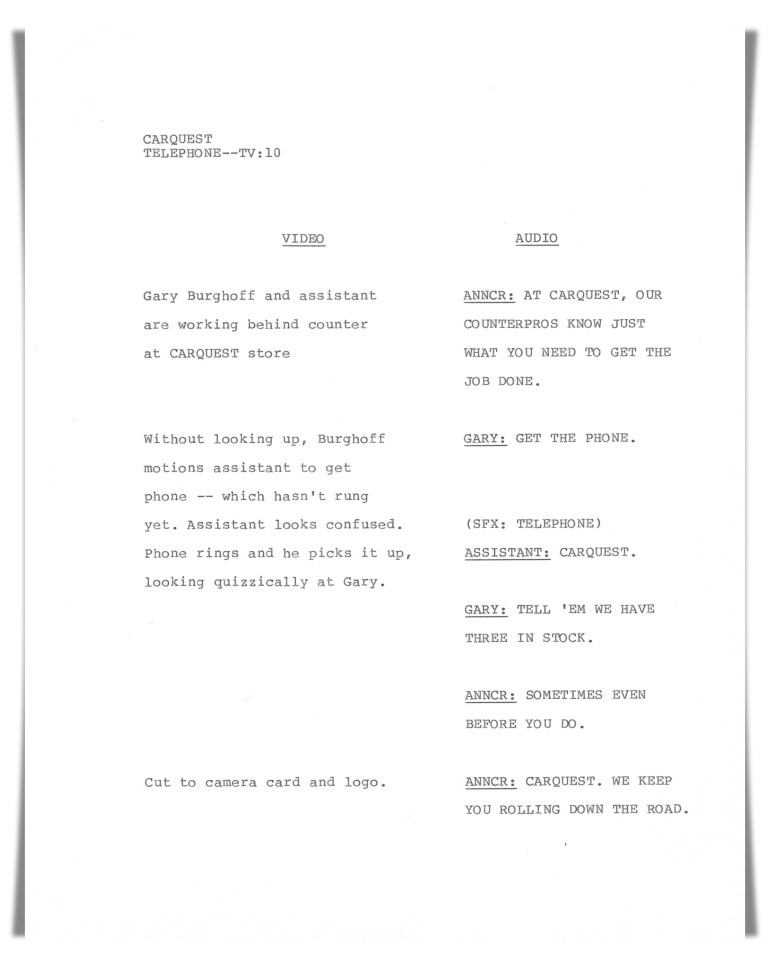 Carquest Auto Parts—Television (unproduced script)