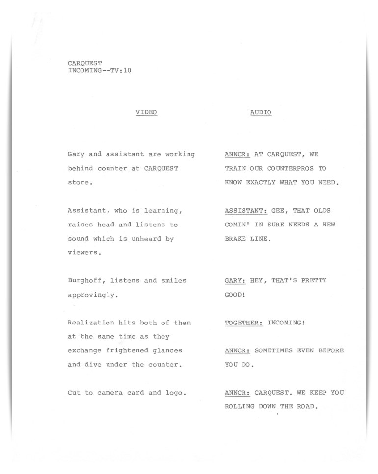 Carquest Auto Parts—Television (unproduced script)