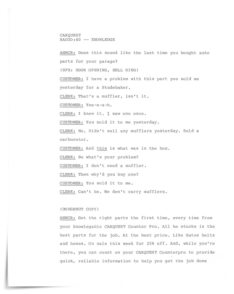 Carquest Auto Parts—Radio (unproduced script)