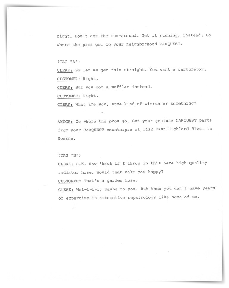 Carquest Auto Parts—Radio (unproduced script)